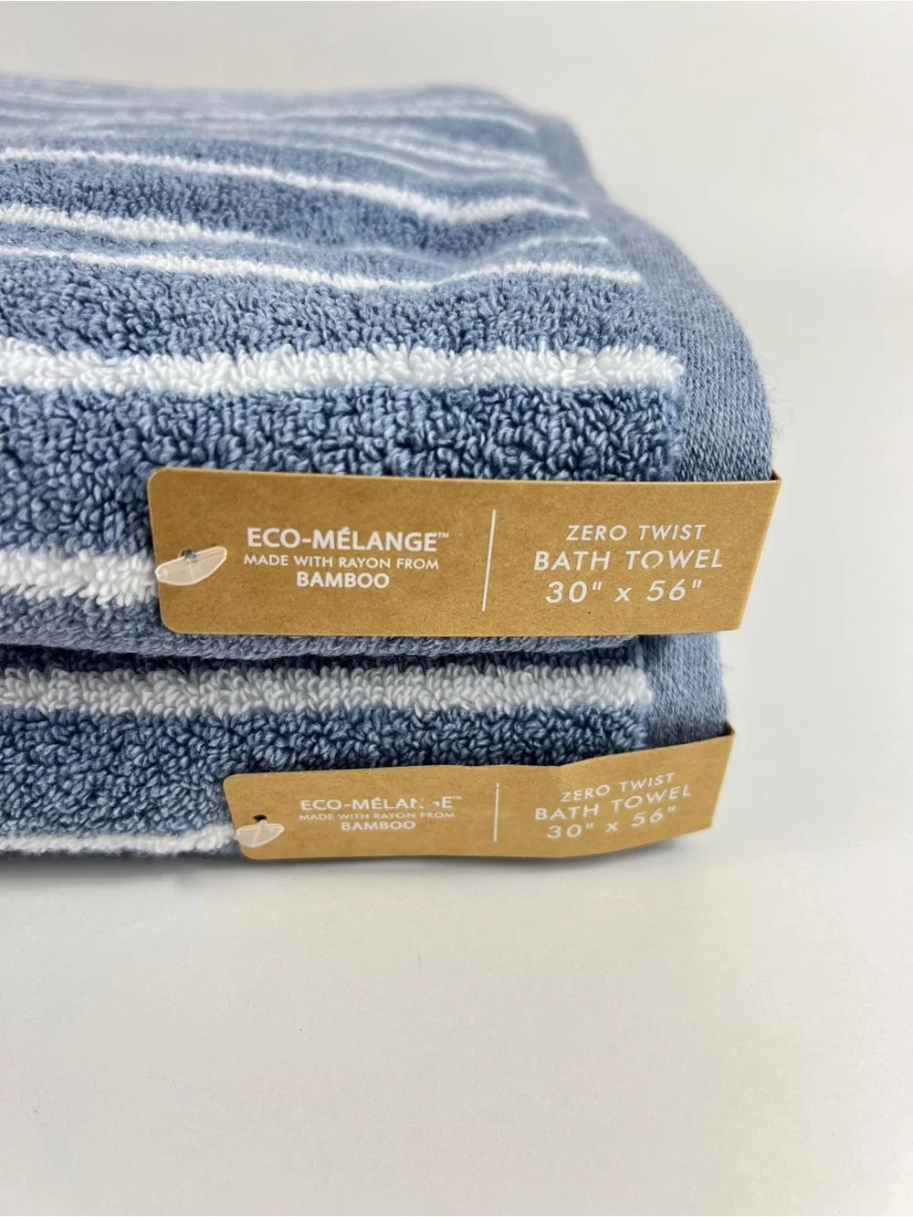 Common Thread Bath Towels Bamboo Blue White Wide Stripe Cotton 2 Pc Set NEW